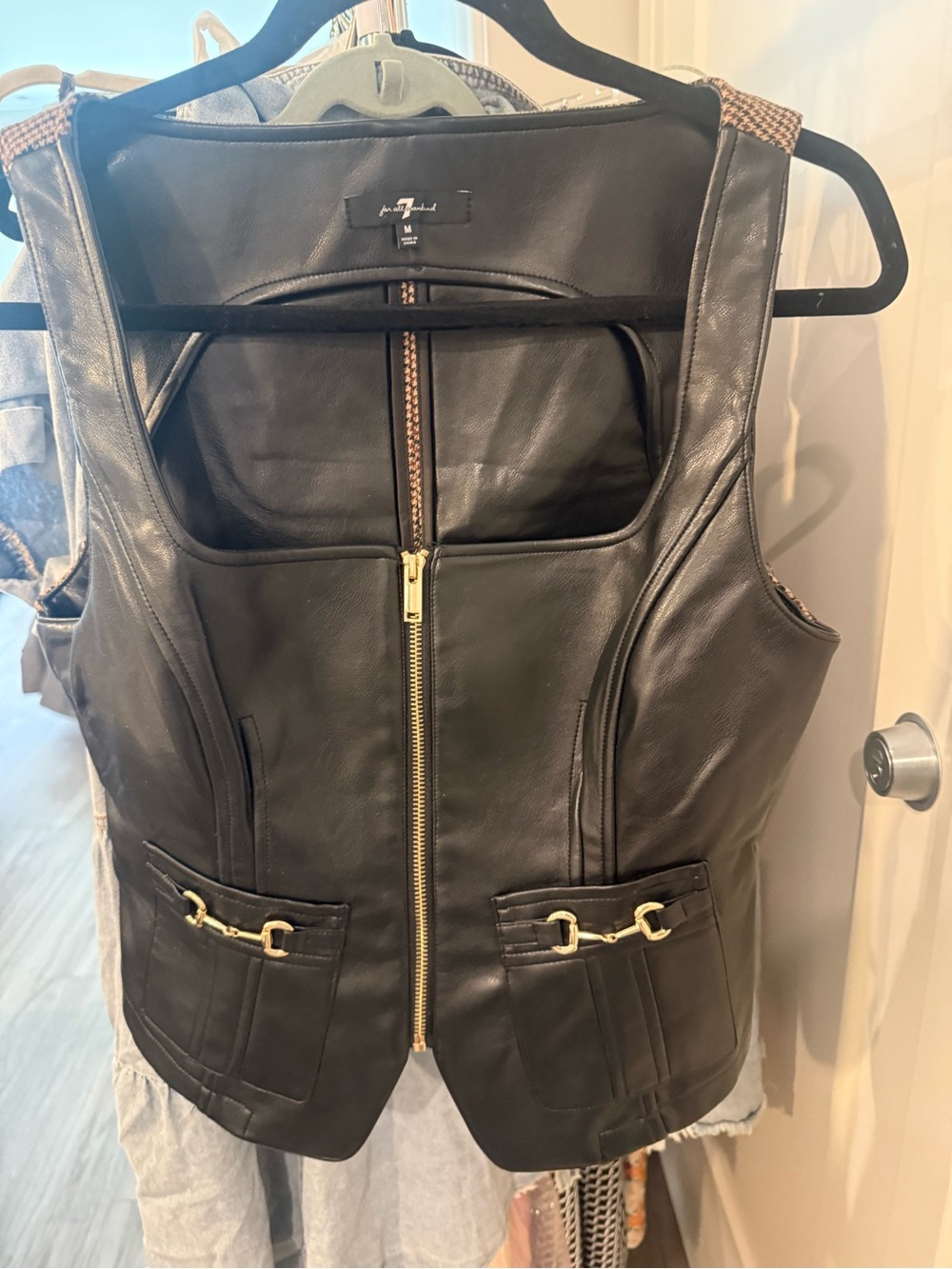 7 for all Mankind Black Leather Zip Front Vest with Gold Hardware